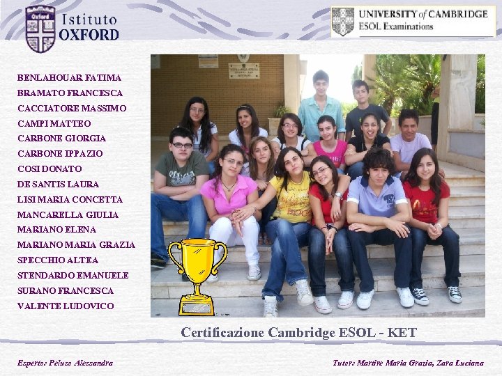 BENLAHOUAR FATIMA BRAMATO FRANCESCA CACCIATORE MASSIMO CAMPI MATTEO CARBONE GIORGIA CARBONE IPPAZIO COSI DONATO