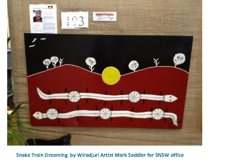 Snake Train Dreaming by Wiradjuri Artist Mark Saddler for SNSW office 