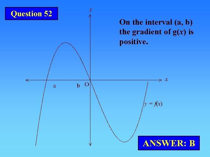 Question 52 On the interval (a, b) the gradient of g(x) is positive. ANSWER: