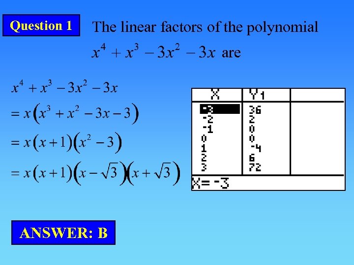 Question 1 The linear factors of the polynomial are ANSWER: B 