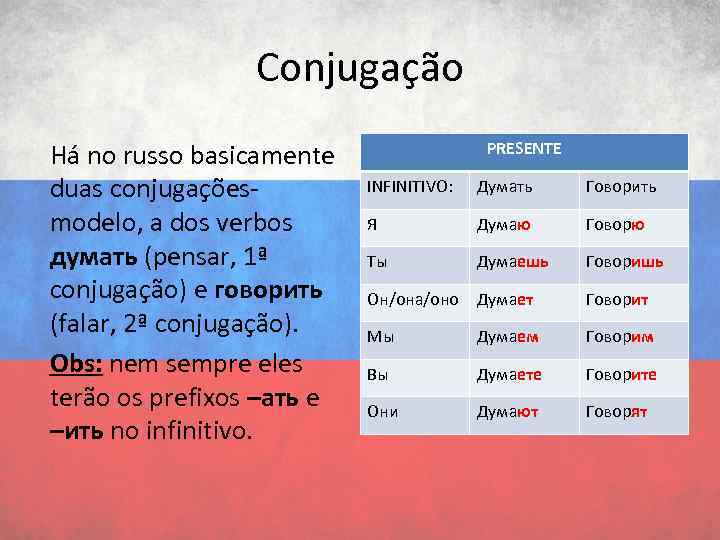 Conjugação Há no russo basicamente duas conjugaçõesmodelo, a dos verbos думать (pensar, 1ª conjugação)