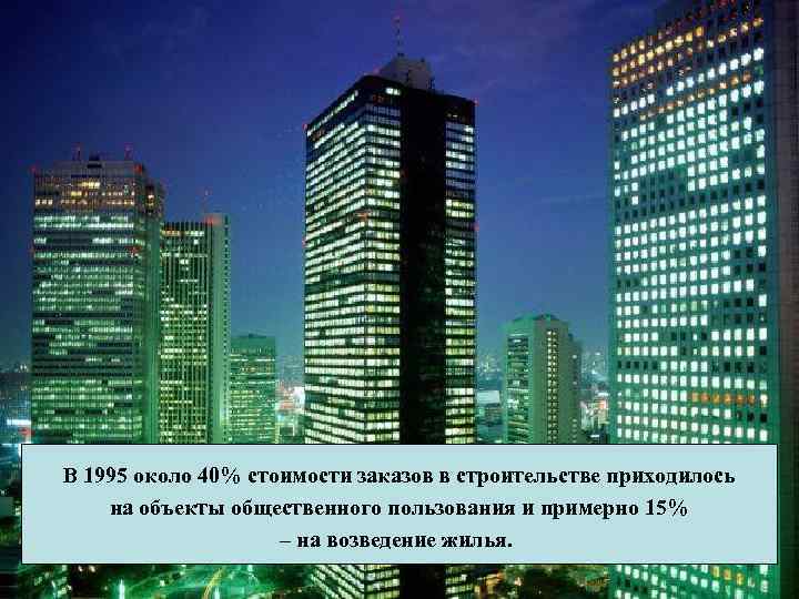 В 1995 около 40% стоимости заказов в строительстве приходилось на объекты общественного пользования и