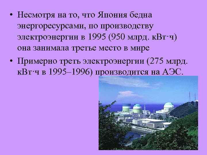  • Несмотря на то, что Япония бедна энергоресурсами, по производству электроэнергии в 1995