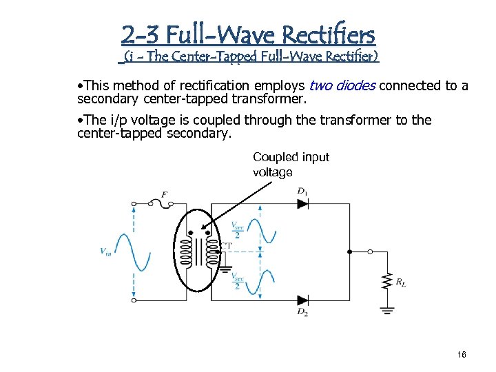 2 -3 Full-Wave Rectifiers (i - The Center-Tapped Full-Wave Rectifier) • This method of