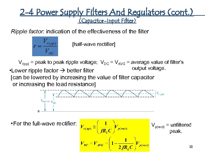 2 -4 Power Supply Filters And Regulators (cont. ) (Capacitor-Input Filter) Ripple factor: indication