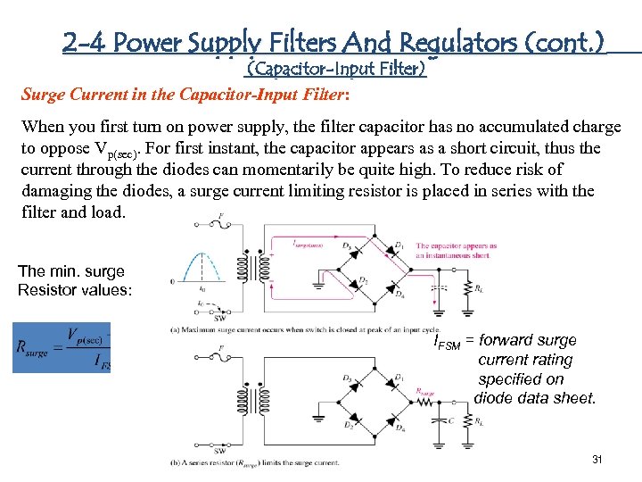 2 -4 Power Supply Filters And Regulators (cont. ) (Capacitor-Input Filter) Surge Current in