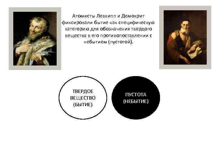 Атомисты Левкипп и Демокрит фиксировали бытие как специфическую категорию для обозначения твердого вещества в