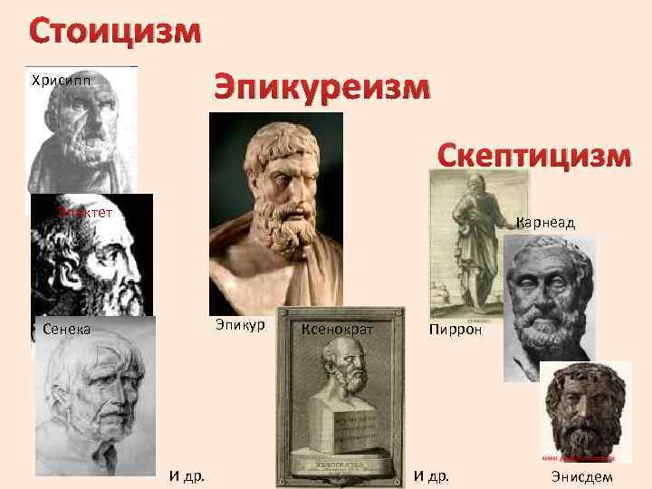Стоицизм Эпикуреизм Хрисипп Скептицизм Эпиктет Карнеад Эпикур Сенека И др. Ксенократ Пиррон И др.