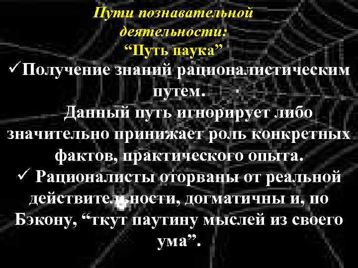 Пути познавательной деятельности: “Путь паука” üПолучение знаний рационалистическим путем. ü Данный путь игнорирует либо