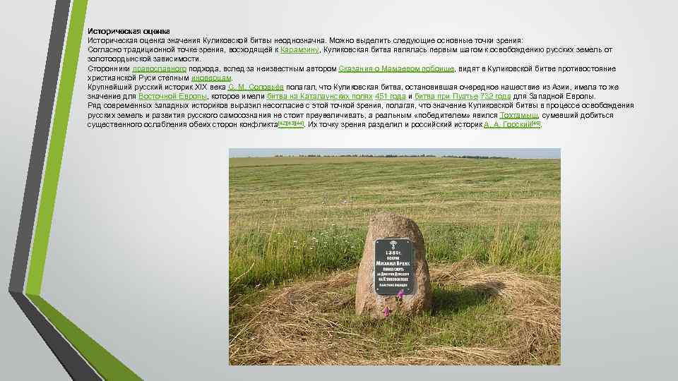 Историческая оценка значения Куликовской битвы неоднозначна. Можно выделить следующие основные точки зрения: Согласно традиционной