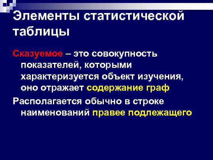 Элементы статистической таблицы Сказуемое – это совокупность показателей, которыми характеризуется объект изучения, оно отражает