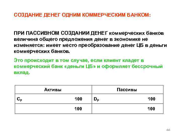 СОЗДАНИЕ ДЕНЕГ ОДНИМ КОММЕРЧЕСКИМ БАНКОМ: ПРИ ПАССИВНОМ СОЗДАНИИ ДЕНЕГ коммерческих банков величина общего предложения