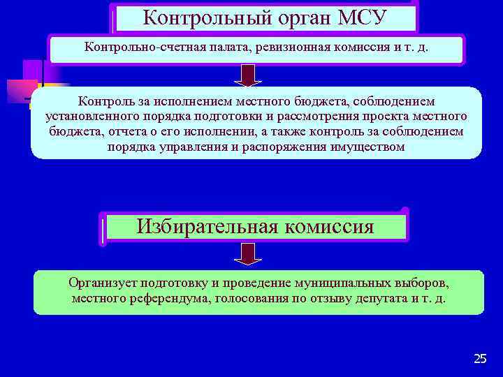 Контрольный орган МСУ Контрольно-счетная палата, ревизионная комиссия и т. д. Контроль за исполнением местного