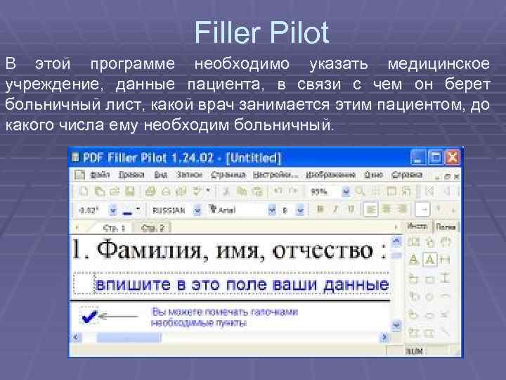 Filler Pilot В этой программе необходимо указать медицинское учреждение, данные пациента, в связи с