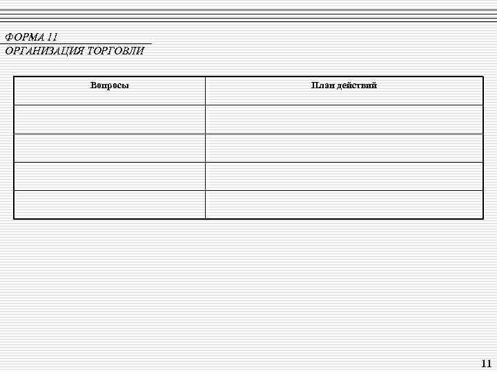 ФОРМА 11 ОРГАНИЗАЦИЯ ТОРГОВЛИ Вопросы План действий 11 