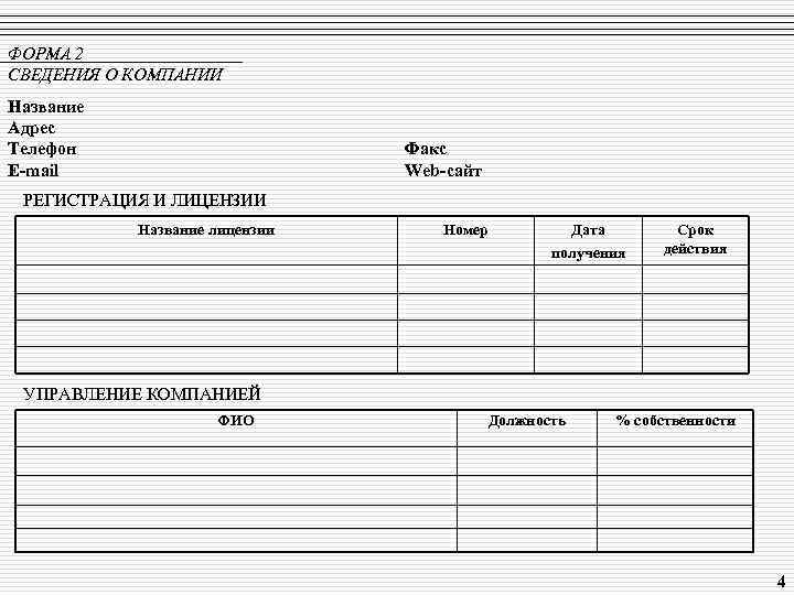 ФОРМА 2 СВЕДЕНИЯ О КОМПАНИИ Название Адрес Телефон E-mail Факс Web-сайт РЕГИСТРАЦИЯ И ЛИЦЕНЗИИ