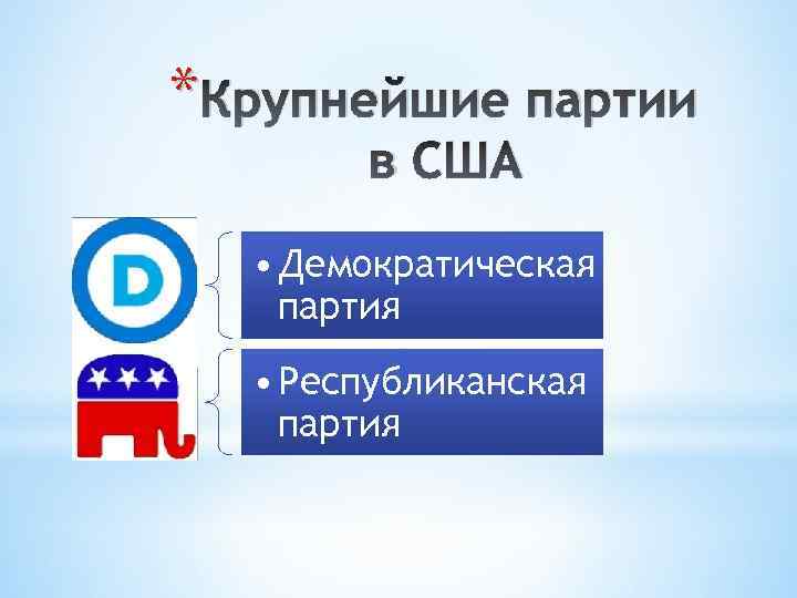 * Крупнейшие партии в США 1) • Демократическая партия 2) • Республиканская партия 