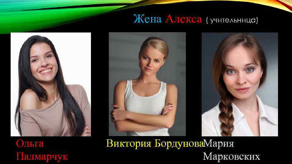 Жена Алекса ( учительница) Ольга Палмарчук Виктория Бордунова. Мария Марковских 