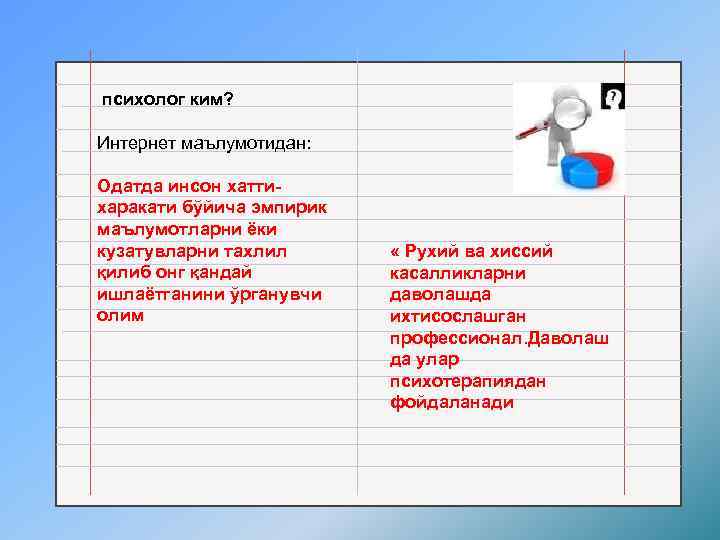 психолог ким? Интернет маълумотидан: Одатда инсон хаттихаракати бўйича эмпирик маълумотларни ёки кузатувларни тахлил қилиб