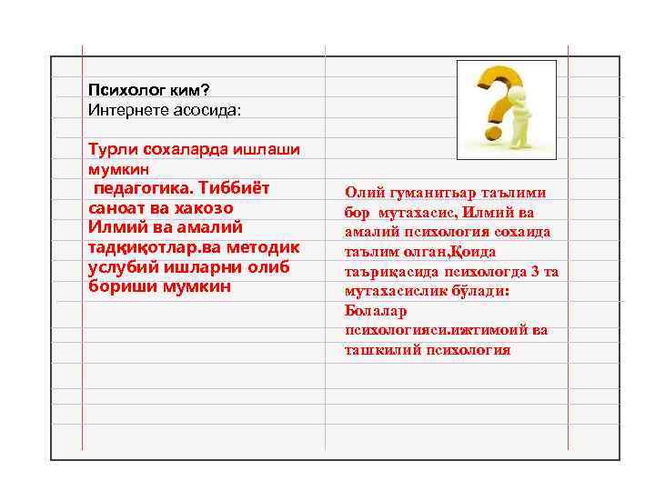 Психолог ким? Интернете асосида: Турли сохаларда ишлаши мумкин педагогика. Тиббиёт саноат ва хакозо Илмий