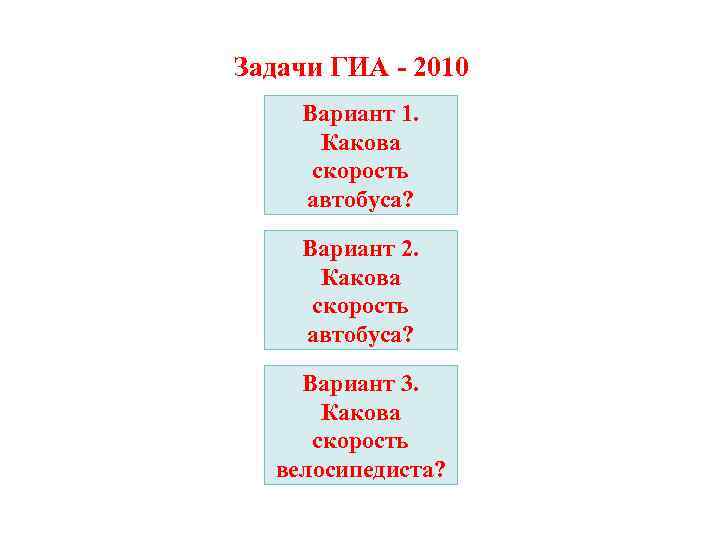 Задачи ГИА - 2010 Вариант 1. Какова скорость автобуса? Вариант 2. Какова скорость автобуса?