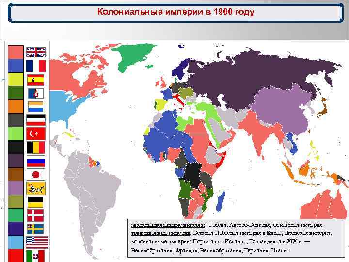 Колониальные империи в 1900 году многонациональные империи: Россия, Австро Венгрия, Османская империя. традиционные империи: