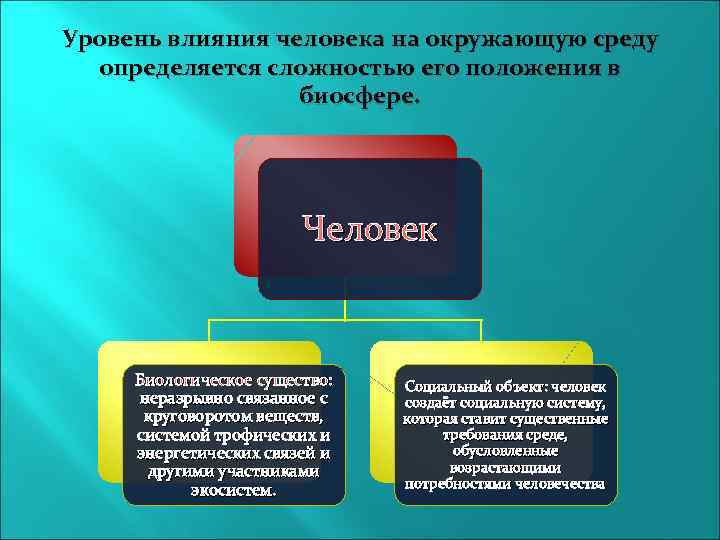 Уровень влияния человека на окружающую среду определяется сложностью его положения в биосфере. Человек Биологическое