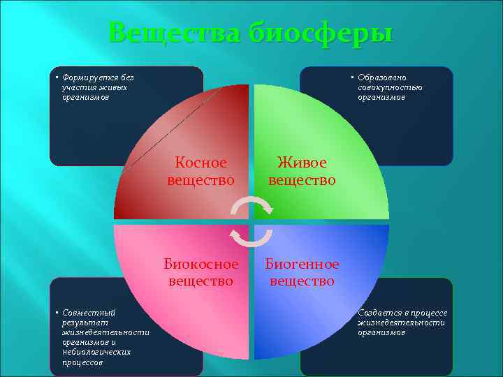 Вещества биосферы • Формируется без участия живых организмов • Образовано совокупностью организмов Косное вещество