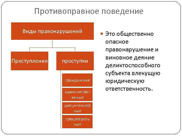 Противоправное поведение Виды правонарушений Преступления проступки гражданские администрат ивные дисциплинар ные процессуаль ные Это