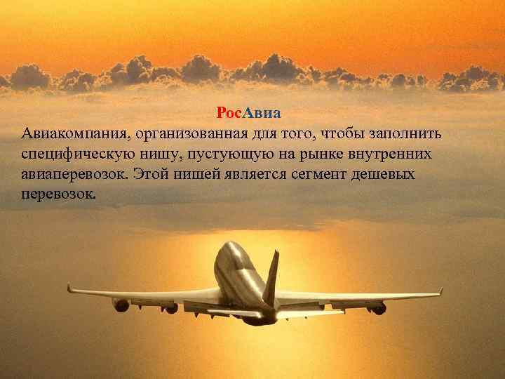 Рос. Авиакомпания, организованная для того, чтобы заполнить специфическую нишу, пустующую на рынке внутренних авиаперевозок.