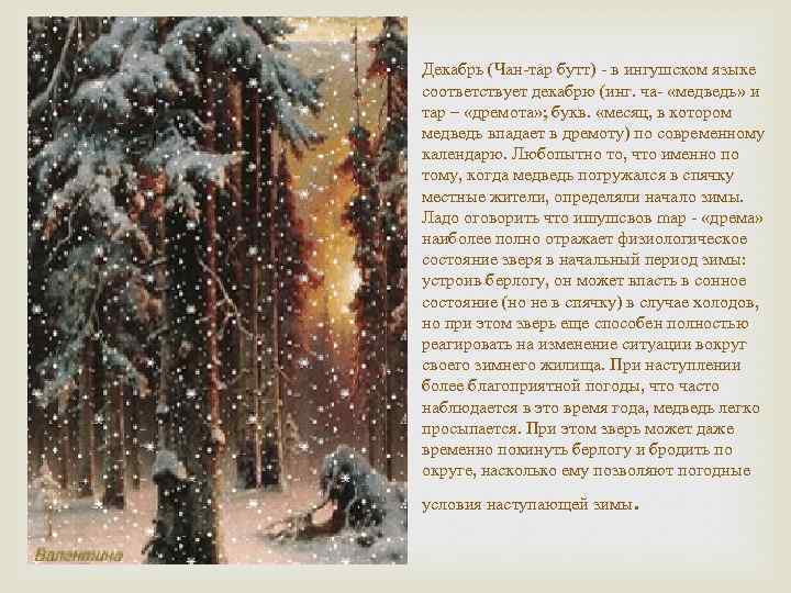 Декабрь (Чан-тар бутт) - в ингушском языке соответствует декабрю (инг. ча- «медведь» и тар