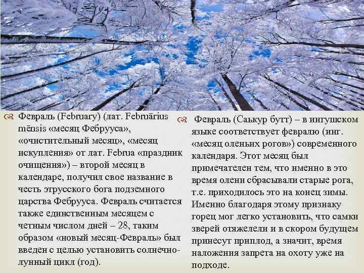  Февраль (February) (лат. Februārius mēnsis «месяц Фебрууса» , «очистительный месяц» , «месяц искупления»