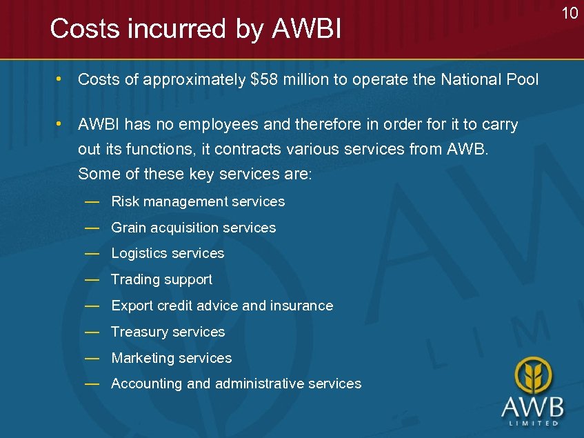 Costs incurred by AWBI • Costs of approximately $58 million to operate the National