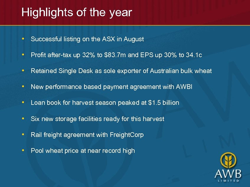 Highlights of the year • Successful listing on the ASX in August • Profit