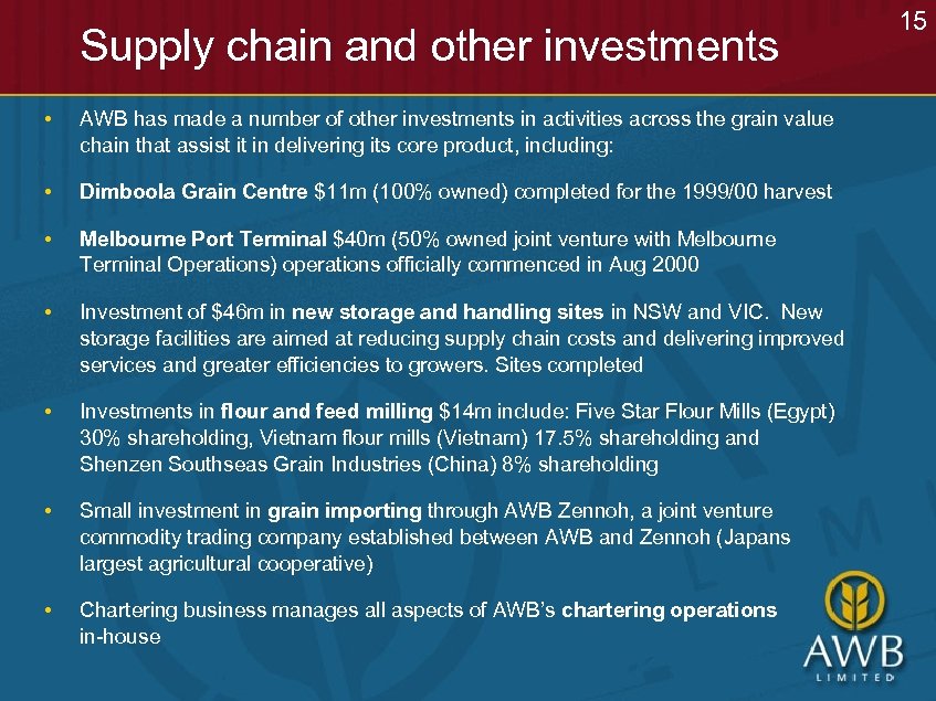 Supply chain and other investments • AWB has made a number of other investments