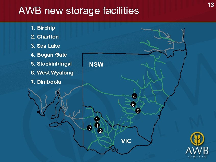 AWB new storage facilities 1. Birchip 2. Charlton 3. Sea Lake 4. Bogan Gate