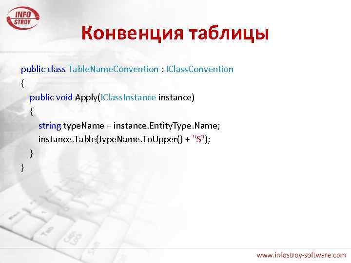 Конвенция таблицы public class Table. Name. Convention : IClass. Convention { public void Apply(IClass.