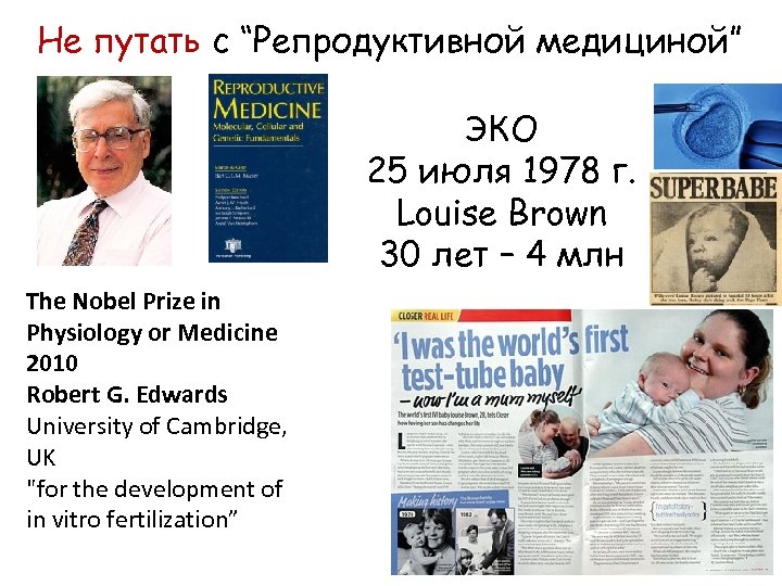 Не путать с “Репродуктивной медициной” ЭКО 25 июля 1978 г. Louise Brown 30 лет
