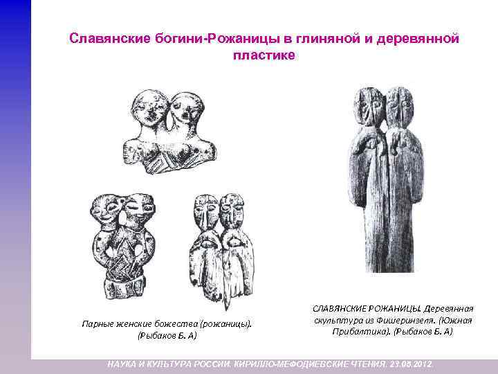 Славянские богини-Рожаницы в глиняной и деревянной пластике Парные женские божества (рожаницы). (Рыбаков Б. А)