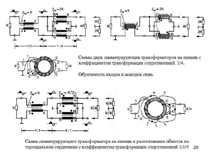 Схемы двух симметрирующих трансформаторов на линиях с коэффициентом трансформации сопротивлений 1: 4. Обратимость входов