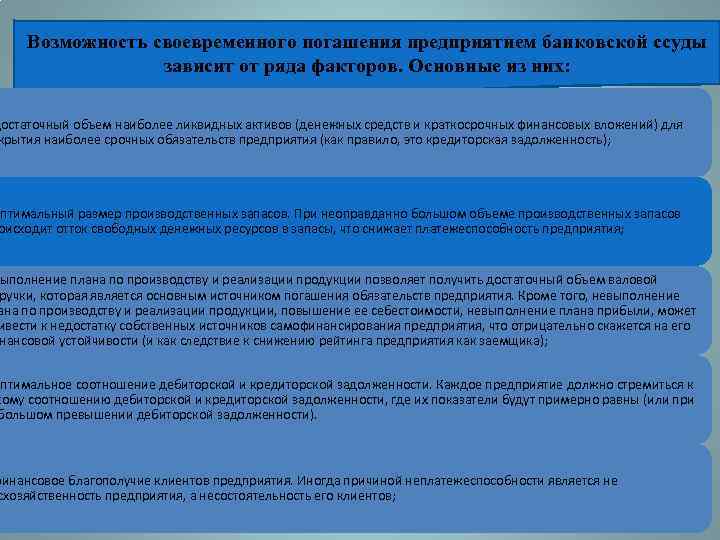 Возможность своевременного погашения предприятием банковской ссуды зависит от ряда факторов. Основные из них: достаточный