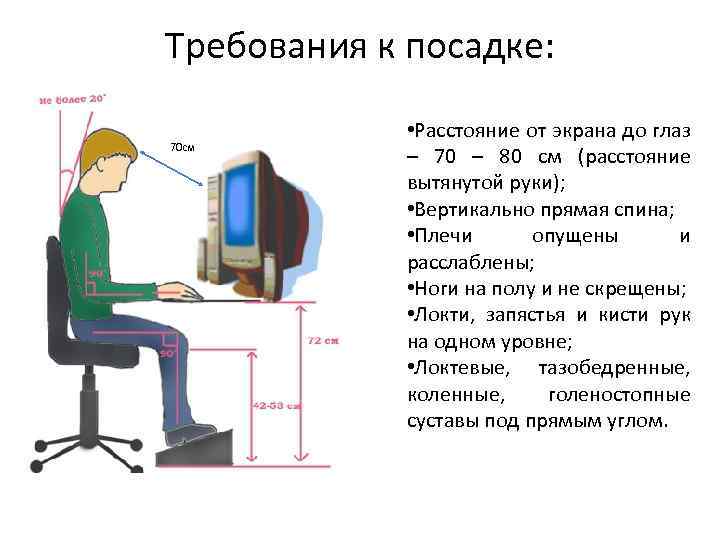 Требования к посадке: 70 см • Расстояние от экрана до глаз – 70 –