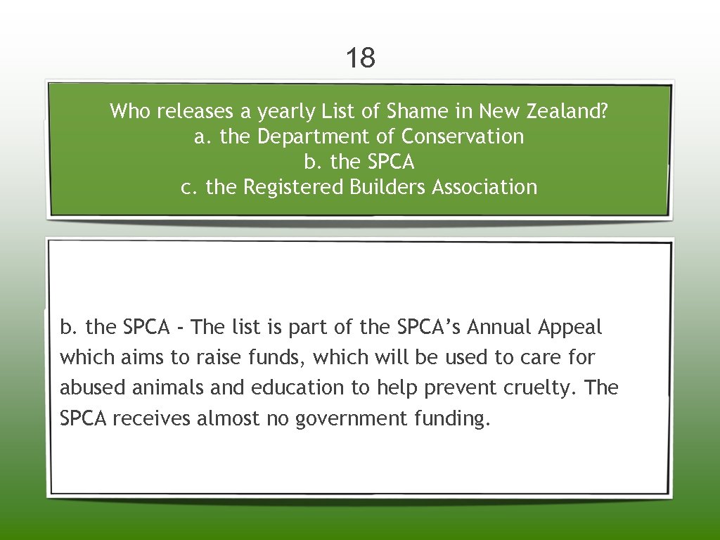 18 Who releases a yearly List of Shame in New Zealand? a. the Department