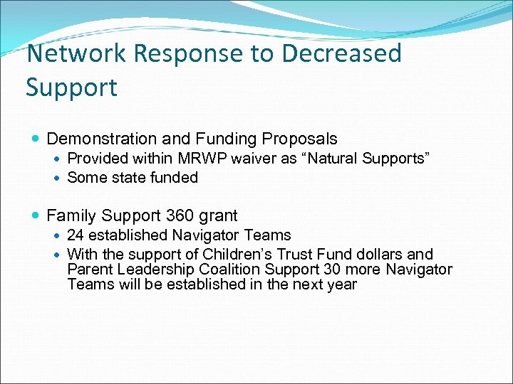 Network Response to Decreased Support Demonstration and Funding Proposals Provided within MRWP waiver as