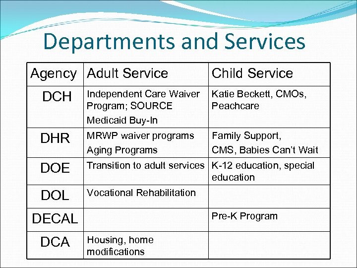 Departments and Services Agency Adult Service Child Service DCH Independent Care Waiver Program; SOURCE