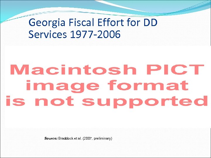 Georgia Fiscal Effort for DD Services 1977 -2006 Source: Braddock et al. (2007, preliminary)