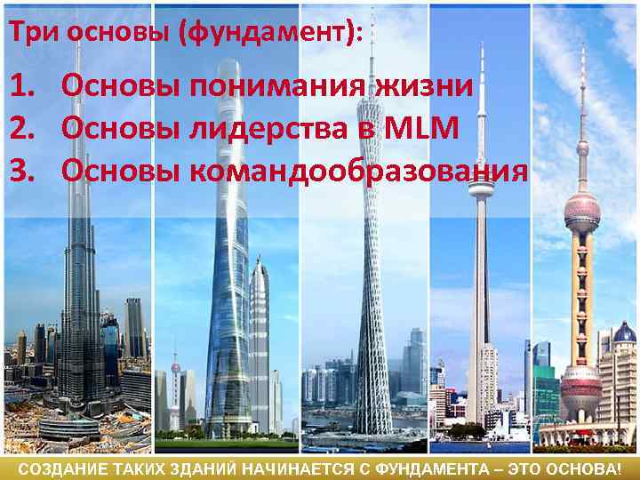 Три основы (фундамент): 1. Основы понимания жизни 2. Основы лидерства в MLM 3. Основы