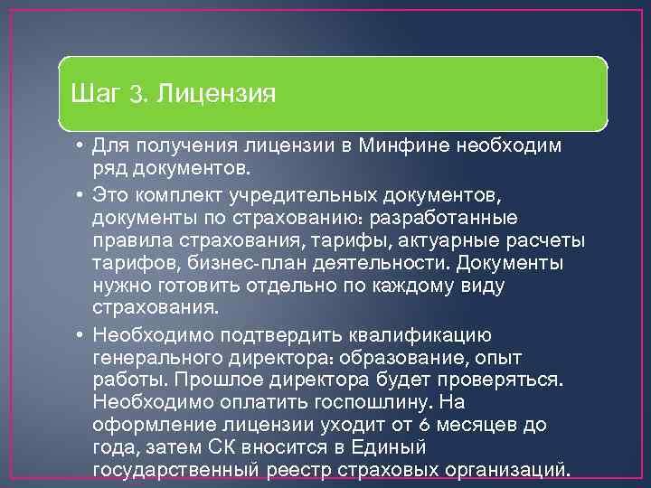 Шаг 3. Лицензия • Для получения лицензии в Минфине необходим ряд документов. • Это
