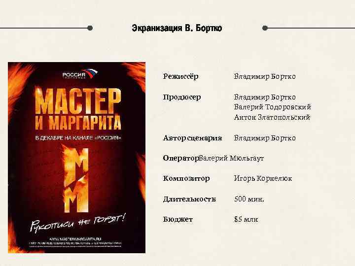 Экранизация В. Бортко Режиссёр Владимир Бортко Продюсер Владимир Бортко Валерий Тодоровский Антон Златопольский Автор