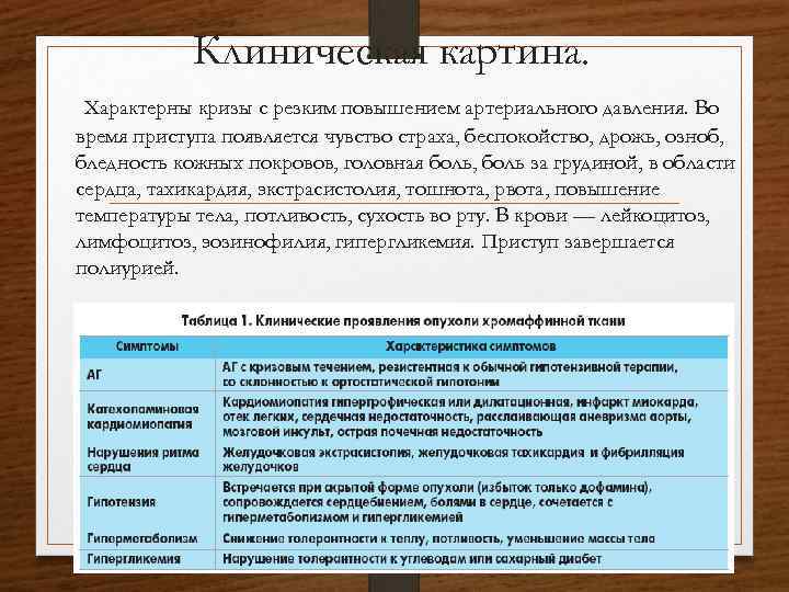Клиническая картина. Характерны кризы с резким повышением артериального давления. Во время приступа появляется чувство